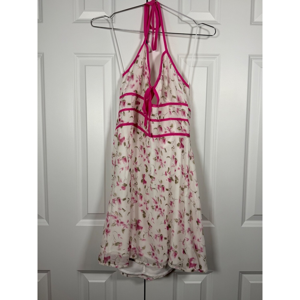 Storia Floral Halter Mini Dress Pink White Smocked Back Sundress Large NWT
